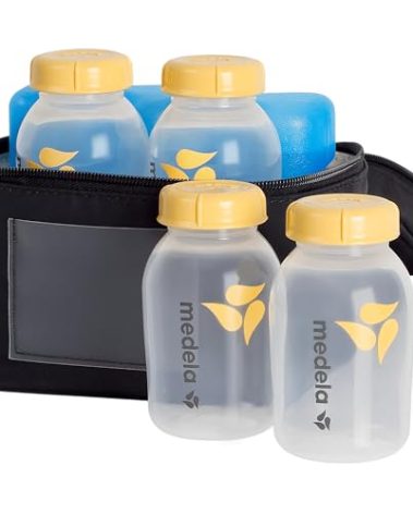 Medela Breast Milk Cooler Set with Cooler Storage Bag, Contoured Ice Pack, and Four 5-oz. Bottles for On-The-Go Transport, Made Without BPA