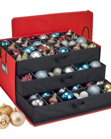 HOLDN’ STORAGE Christmas Ornament Storage Box with Dividers, Holds Up to 72 Ornaments (4 Inches), Large Organizer with 3 Stackable Trays - Red