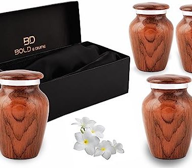 BOLD & DIVINE Wooden Textured Theme Keepsake Urn | Human Ashes Memorial Urn, Burial, Funeral Cremation Urns (Red Cherry Wood, Set of 4_Mini)