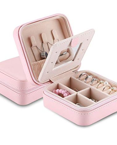 ProCase Small Jewelry Organizer Box for Travel, Portable Mini Jewelry Travel Case with Zipper Mirror for Rings Necklaces Bracelets Earrings, Gift for Women Girl -Pink