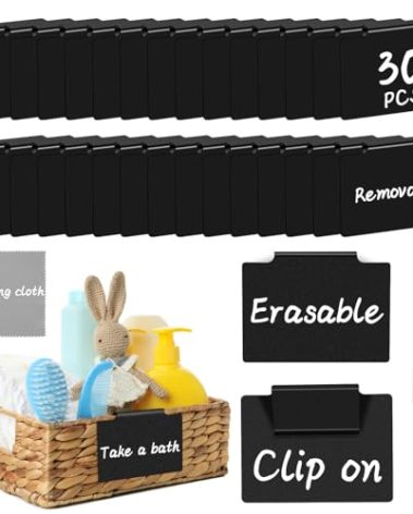 DANRONG 33PCS Basket Labels Clip On, 30 Labels for Storage Bins Removable with 2 Chalk Markers & 1 Wipe, Kitchen Pantry Labels, Plastic Storage Bin Label, Label Holder, Basket Tags, Bin Clips (Black)