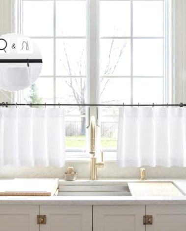White Linen Kitchen Curtains 18 inch Length Pinch Pleat Cafe Curtains