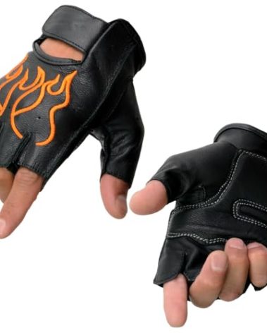 Milwaukee Leather SH198 Men's Black Leather Gel Padded Palm Fingerless Motorcycle Gloves w/Orange Flame Embroidery - 2X-Large