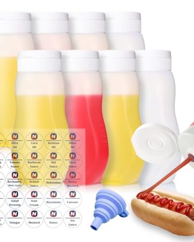 Nacxbwer Condiment Squeeze Bottles for Ketchup Hot Sauce Liquids Oil with Caps for Condensed Milk Mustard Salad Dressing Dispenser Clear Plastic Bottles Dressing Container HD PE(8 Pack 11oz)