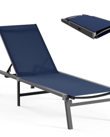 Aluminum Chaise Lounge Ourdoor - Foldable & Assemble Free Outdoor Lounge Chair with 5 Adjustable Backrest, Patio Lounge Chair for Outside Poolside Beach Pool, Navy Blue