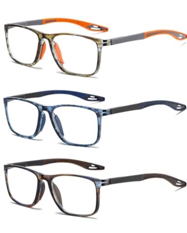 Hubeye TR90 Sports Reading Glasses for Men and Women Ultralight Flexible Anti-Blue Light Readers（Pattern Orange+Pattern Blue+Pattern Brown，+1.5）