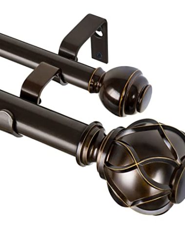 KAMANINA 1 Inch Double Curtain Rods 72 to 144 Inches (6-12 Feet) Telescoping Heavy Duty Drapery Rod for Windows 66 to 120, Netted Texture Finials, Antique Bronze