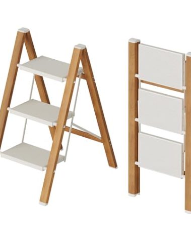 Mayi Plus 3 Step Lightweight Aluminum Folding Ladder, Portable Step Stool with Wide Anti-Slip Pedals, 330 lbs Capacity for Home,Cleaning Tasks(White&Woodgrain)