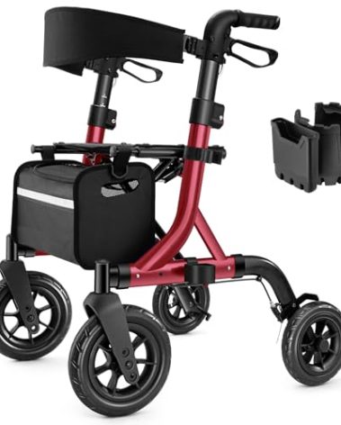MAXWALK Walkers for Seniors, Rollator Walker with Seat, 10" Rubber Wheels All Terrain Rollator Walker with Backrest, Aluminum Walkers Built-in Cable, Foldable and Adjustable Height for Seniors, Red