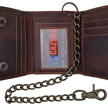 CAZORO RFID Blocking Men's Tri-fold Vintage Leather Biker Chain Wallet With Snap Closure
