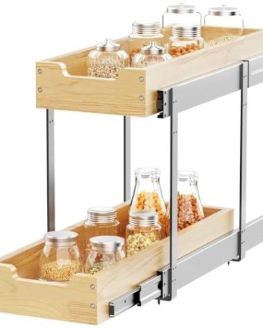 Sikarou Wood Pull Out Cabinet Organizer 2 Tie 9" W x 21" D, Heavy-Duty Sliding Drawers for Inside Cabinets Storage and Organization for Kitchen, Pantry, Bathroom