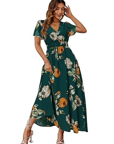 Simplee Women Casual Boho Floral Maxi Dress Flowy Long Wedding Guest Dress Holiday Beach V Neck Short Sleeve Maternity Dresses (M Emerald Green)