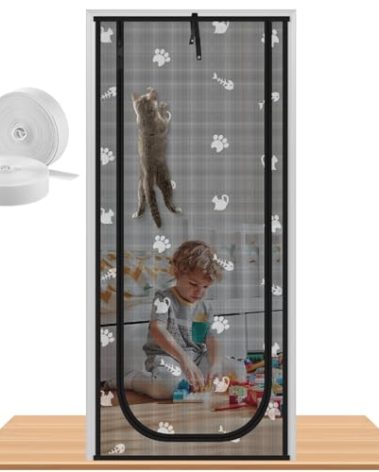 Morikey Reinforced Cat Screen Door, Fits Door Size 32" x 80", Pets Proof Screen Door with Zipper Closure, Durable Cat Resistant Screen Door Mesh for Living Room, Bedroom, Black