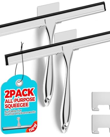 ALFLOD 2PACK 12-Inch All-Purpose Shower Squeegee for Shower Doors, Tile Shower Walls, Bathroom, Window, Glass and Car Windshield, Mirrors and Kitchen-Stainless Steel, Silver