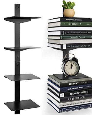 ART-GIFTREE Floating Book Shelves for Wall, 4 Tier Invisible Floating Bookshelf, Vertical Spine Book Tower, Wall Mounted & Space Saving, Heavy Duty Metal Book Organizer for Home Office, 2 Pack Black