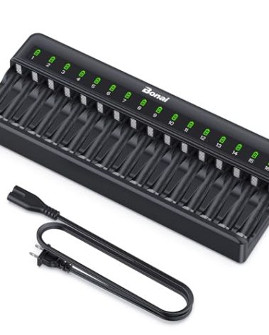 BONAI AA AAA Battery Charger 16 Bay for NiMH Rechargeable Batteries Independent Control with LED Light and Standard American AC Charging Plug, Battery not Included - Black