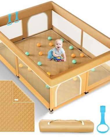 Omzer Baby Playpen with Mat 71"×59" - Extra Large Playpen for Babies and Toddlers with Mat Included, Safety Playard for Baby with Gate, All-Wrapped Soft Sponge Baby Gate Playpen with Stable Mat Velcro