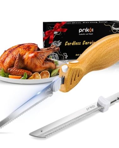 Prikoi Cordless Electric Knife, Carving Knife Set, Easy-Slice Serrated Edge Blades for Meat, Turkey, Bread, Fillet, DIY, Ergonomic Handle + 2 Blades (New Upgrade)