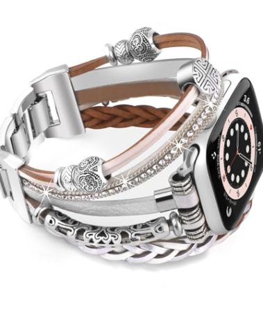 RUIXTIPAD Boho Bracelet Compatible for Apple Watch Band 44mm Women, Multilayer Wrap Strap for Apple Watch 42mm 45mm, Leather Copper Pipe Apple Watch Bands for iWatch Series 10/9/8/7/6/5/4/3/2/1/SE - Silver White