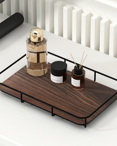 Dobbyby Vanity Tray Makeup Organizer Cosmetics Storage Bathroom Skincare Organizer Countertop Display Rack in Dresser Stainless Steel Shelf Marble Print Ceramic Trays