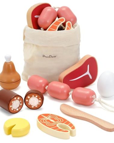 PairPear Wooden Toys Play Food Sets for Kids Kitchen, Kids Toy Food Cutting Meat Set for Toddlers 3+ Years Old, Pretend Food Play Kitchen Accessories for Girls and Boys