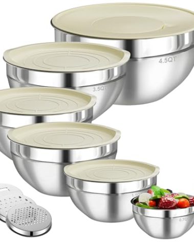 Winproper Mixing Bowls with Lids Set, 6 PCS Stainless Steel Mixing Bowls with 3 Grater Attachments, Kitchen Food Storage Organizers Nesting Mixing Bowl, Large Size 4.5, 3.5, 2.1, 1.5, 1.1, 0.7QT