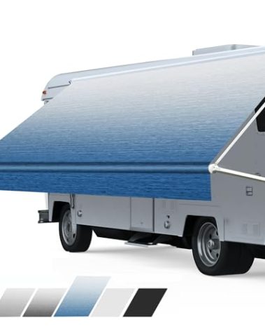 RV Awning Fabric Replacement, Heavy Duty 18.5oz Vinyl RV Awning Fabric, Universal Outdoor Canopy for Camper, Trailer and Motorhome (Sapphire Blue Fade, 18FT(Fabric 17'2"))