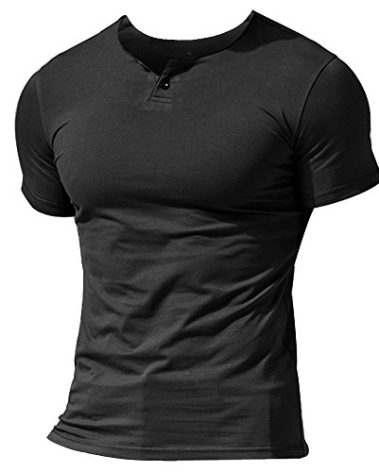 Muscle Alive Mens Summer Casual Short Sleeve Henleys T-Shirt Single Button Placket Plain v Neck Shirts Black Color Size M