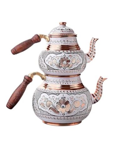 LaModaHome Handmade Vintage Traditional Turkish Copper Teapot Set - Antique Floral Designed Tea Kettle with Wood Handle and Lid, Kitchen Set, Water Heater, Gas and Electric Stovetop Compatible