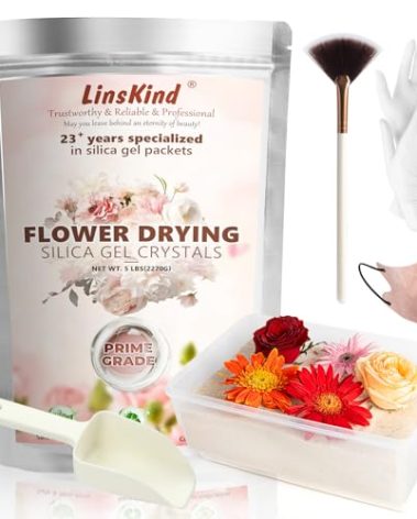 LinsKind Flower Drying Silica Gel Crystals with Container Brush, 5LBS(2.2KG) Silica Gel Flower Drying Fine Crystals, Color Indicating Silica Sand Flower Drying Preservation Kit for Wedding Bouquet