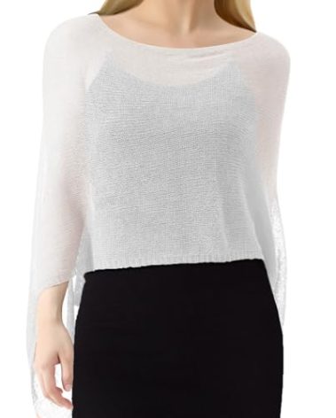 Jamntower Women's White Sheer Poncho Shrug Summer Blouse Top Lightweight Bolero for Formal Evening Dress