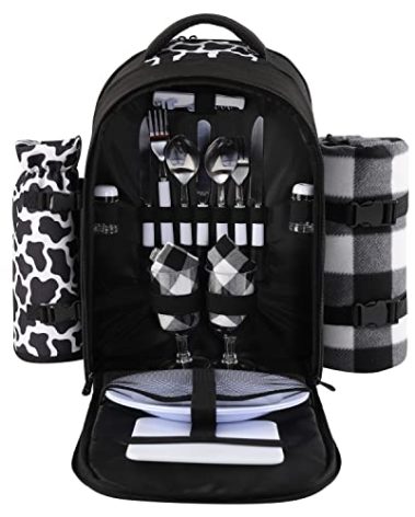 apollo walker Picnic Backpack Bag for 2 Person with Cooler Compartment, Detachable Bottle/Wine Holder, Fleece Blanket, Plates and Cutlery Set (2 Person, Black)