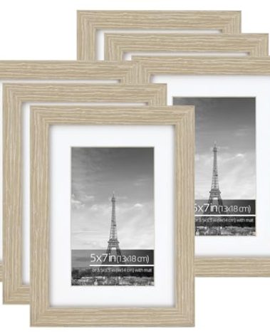 DUCIHBA 5x7 inch or 3.5x5.5 with Mat Modern Picture Frame Collage set, Tabletop or Wall Mount, Vertically or Horizontally Photo Display, Glass Cover, Beige Grain Wooden Molding, 6 Pack