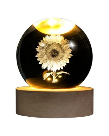 QIANCHANG 3D Laser Etched Sunflower Crystal Ball, Sunflower Decor Glass Sphere Lamp Night Light, Crystal Flower Figurines Collectibles Gifts for Mom Women Girls