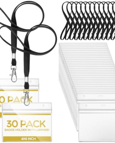 Patelai 30 Sets 6 x 4 Inch Badge Holder with Lanyard Horizontal Name Tag Lanyard with ID Holder Waterproof Clear Name Badge for Office Workers Volunteers (Black)