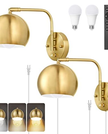 VATONI Wall Sconce with Remote Control, Plug in Wall Sconces Dimming 0-100% and Adjustable Color Temperature 2700K-6000K, Brushed Brass Globe Swing Arm Wall Lights with Plug in Cord(2 Pack, 2 Bulbs)