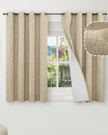 Lajode Short Blackout Curtains 45 Inch Length 2 Panels, Thermal Insulated Total Light Blocking Linen Window Curtains for Farmhouse Bedroom Basement, Bronze Grommet, Burlap, Each 52" Wide