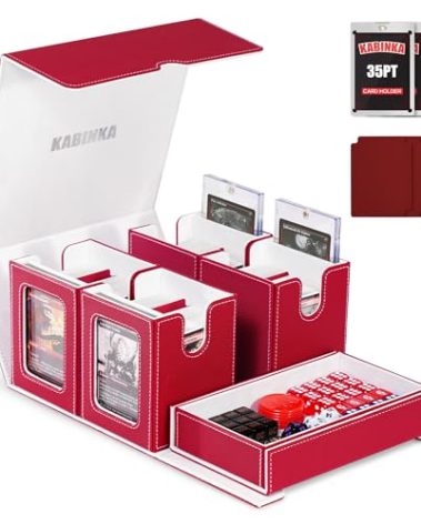 Card Deck Box for MTG with Commander Display, 5 in 1 Card Storage Box Fits 400+ Double-sleeved Cards, Removable Deck Case for TCG/Sports Cards with Dice Tray, 4 Magnetic Card Holders (Red White)