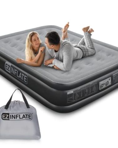 EZ INFLATE Air Mattress with Built in Pump - Queen Size Double-High Inflatable Mattress with Flocked Top - Easy Inflate, Water
