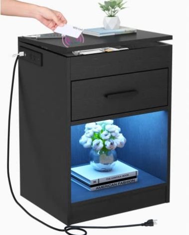 Auromie Nightstand with Charging Station and LED Lights, Concealment Furniture with RFID Lock Cabinet and Power Outlets, Bedside Table with Hidden Compartment for Valuables Storage, Black