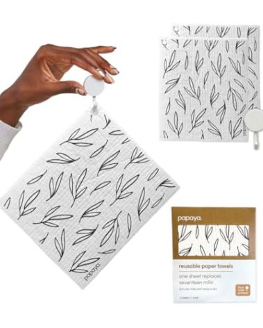 Papaya Reusable Paper Towels, Premium Swedish Dishcloths, Washable Reusable Dish Cloths, 1 Sheet Replaces 17 Rolls, Eco Friendly Stocking Stuffer - 2 Sheets, 1 Hook