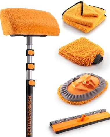 Car & RV Wash Brush Kit 48-144״ Long Extendable Handle Car, RV, Truck Washing Kit with Extension Pole - Microfiber Car Mop, Soft Washing Brush, Window Squeegee, Mitt, The Ultimate RV-Wash Cleaning Kit