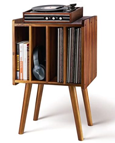 2BHOME Wooden LP Record Player Stand with 4 Cabinets, Holds up to 100 Vinyls, Metal Record Storage Holder and Organizer Table, Classical Design for Files/Book (Mid-Century Modern)