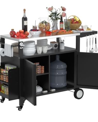 climblocka Outdoor Grill Cart with Wheels, Outdoor Kitchen Bar Cart Mobile BBQ with Foldable Stainless Steel Top & Storage Cabinet