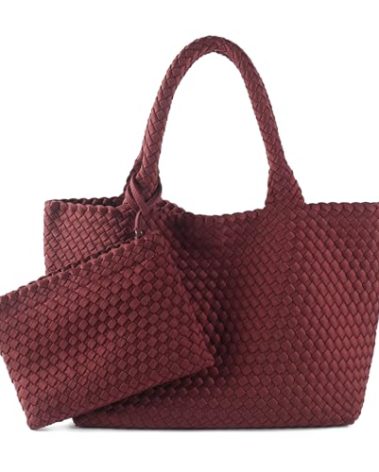LIKEBAG Woven Bag for Women, Large Neoprene Tote Bag Summer Beach Handbag Purse Retro Handmade Travel Shoulder Bag Set (Claret)