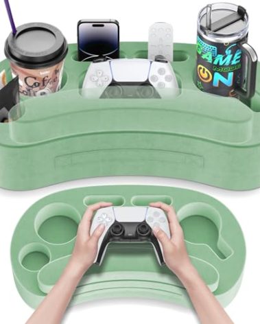 Couch Cup Holder Pillow Tray with 6 Slots, Gaming Pillow Couch Cupholder Tray with Armrest Cushion, Couch Caddy & Buddy, Drink, Snack, Controller, Remote, Phone, Green