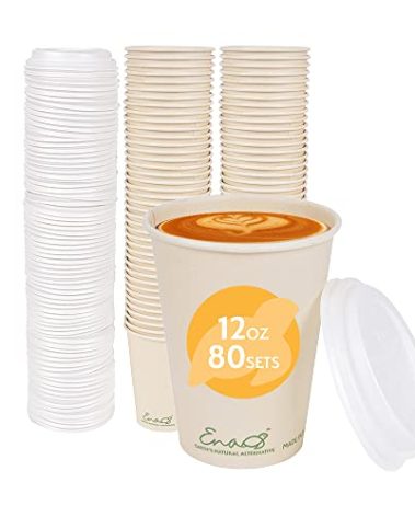 Earth's Natural Alternative 100% Compostable Disposable Coffee Cups with Lids [12oz 80 Set] Paper Cups Made from Unbleached Bamboo Fiber, Compostable Lids, To Go Coffee Cups with Lids
