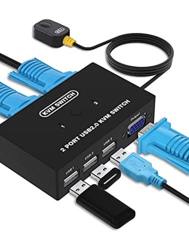 USB VGA KVM Switch for 2 PC Sharing 1 Video Monitor and 3 USB Devices, Keyboard Mouse Scanner Printer, for Laptop PC Windows Mac OS System