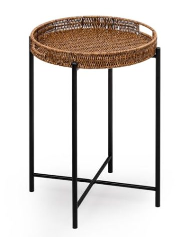 DINGTAI Small Wicker Round End Table, 16.5 in Rattan End Tables with Removable Tray, Waterproof Sofa Coffee Side Table, Indoor Outdoor Side Tables for Patio, Living Room Bedroom Office