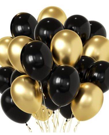 Black and Gold Party Balloons, Black Gold Latex Balloons 50pcs 12 Inch Metallic Gold and Black Balloon for Graduation Birthday Weddings New Year Anniversary Retirement Party Decorations